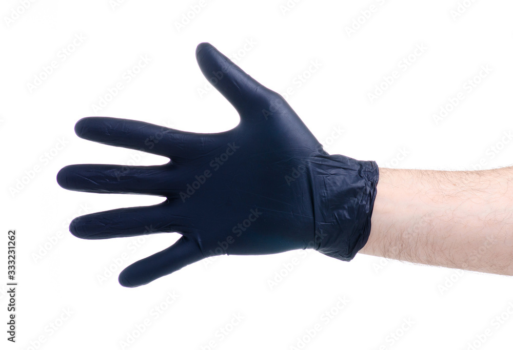 Hand in black nitrile protective glove on white background isolation