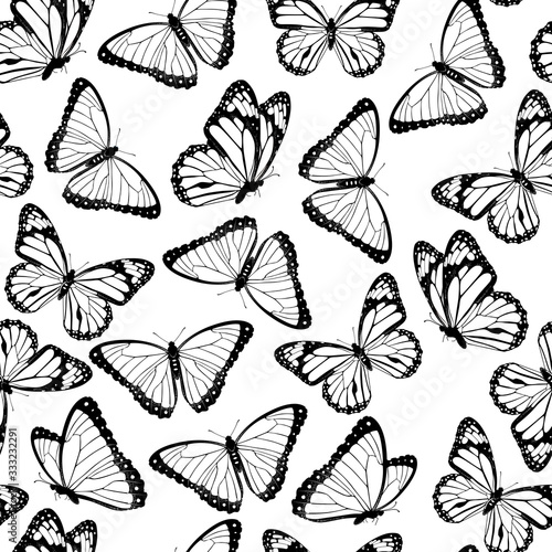 Naklejka Black and white flying butterflies seamless pattern. Isolated on white background. Vector illustration.