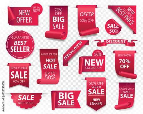 Price tags, red ribbon banners. Sale promotion, website stickers, new offer badge collection isolated. Vector illustration.