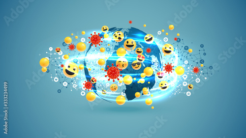 Different yellow emoticons and bubbles around the globe with light swirls and coronavirus, vector illustration