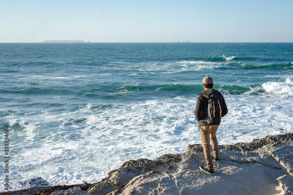 Person standing on the edge of rocky cliff, looking at the waves in the ocean. View from the back.