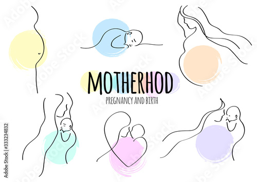 Vector line illustration Mother holding newborn baby. Motherhood. Contour symbol. isolated outline