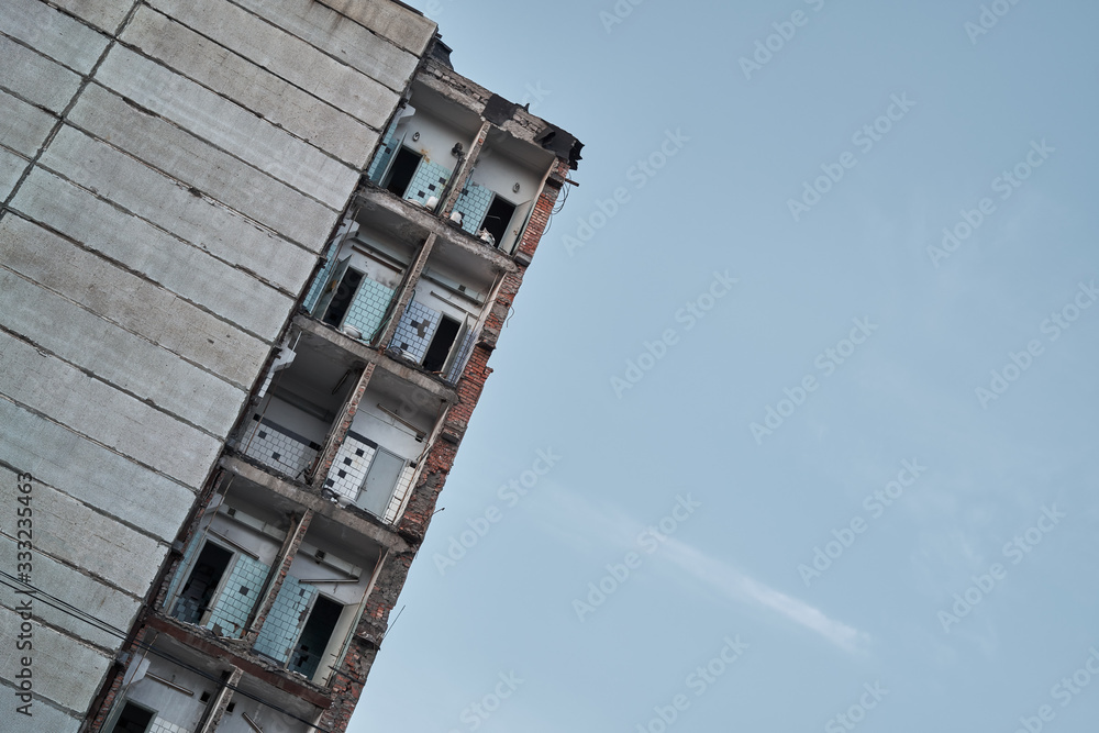 Apocalyptic picture. Old ruined building is falling down. Urban decay interior, abandoned building Apocalyptic picture. Old ruined building is falling down. Urban decay interior, abandoned building