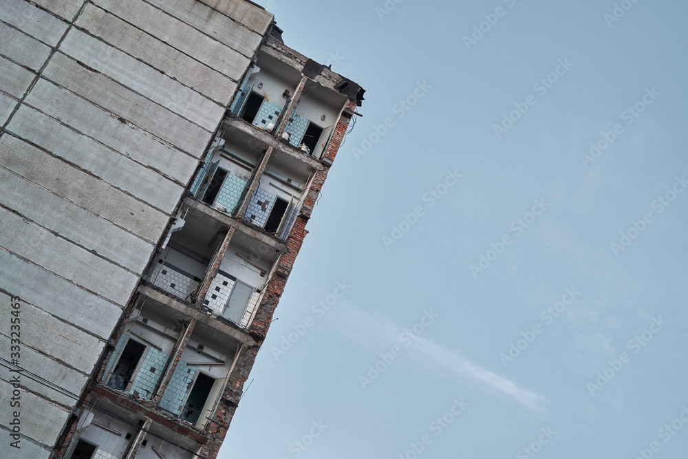 Apocalyptic picture. Old ruined building is falling down. Urban decay interior, abandoned building