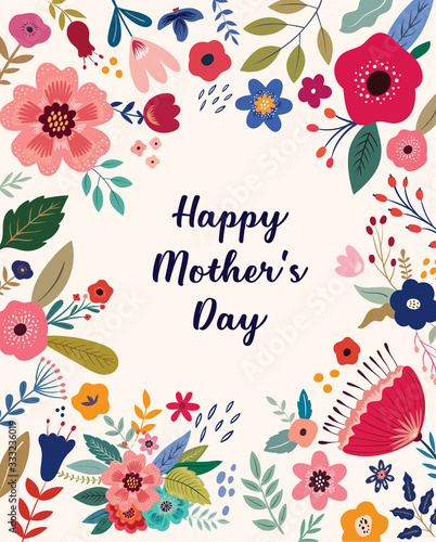 Happy Mothers Day greeting illustration with colorful spring flowers. Happy Mothers Day template, invitation