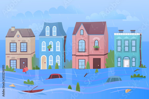 City street under rain and natural disaster flood cartoon vector illustration panorama. Background with houses, heavy clouds, swimming cars, trees, signs. Danger for people, animals, damage for city