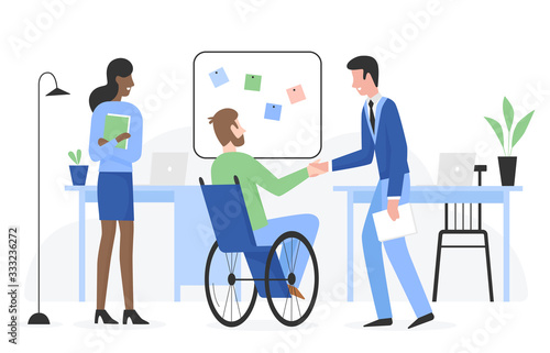 Man with special needs in wheelchair gets job flat character vector illustration. Positive touchable situation with smiling people in company office. Career and employment of disabled person concept