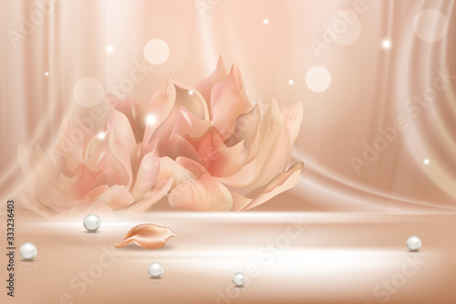 Peach flower gradient soft abstract background scene realistic vector illustration concept. Light lines, flower contour, pearl, petal. Base for advertising, poster, banner, magazine, web page