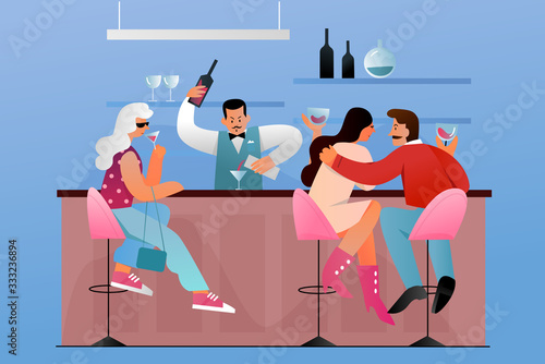 People sitting in bar near counter with barman flat character vector illustration concept