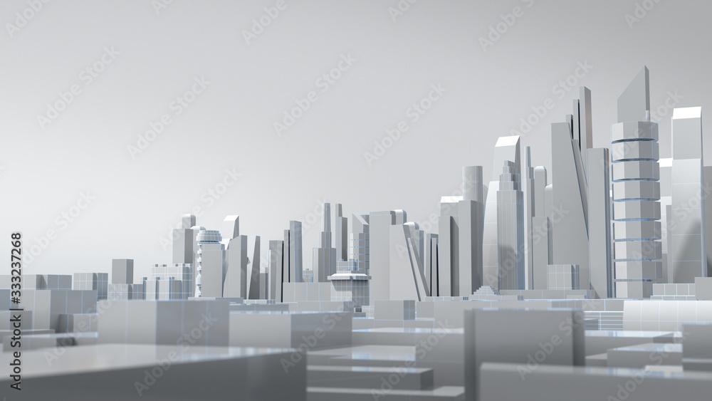 White city with wire frame, abstract city, future city. 3D rendering
