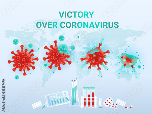Victory over coronavirus concept. Vctory over the coronavirus in the world. Vector illustration