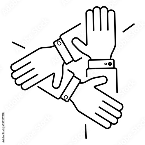 three hands support each other, concept of teamwork, icon vector