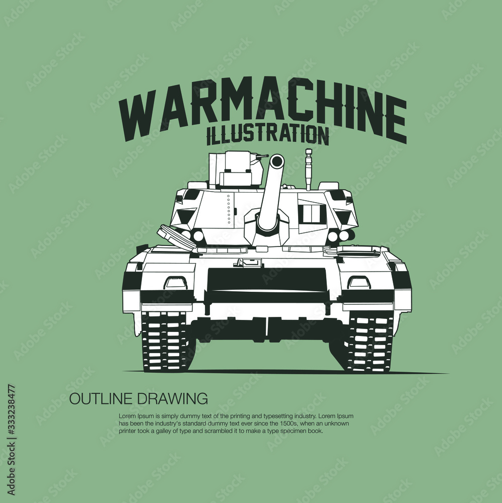Obraz premium War machine and armored vehicle isolated outline drawing vector illustration. 