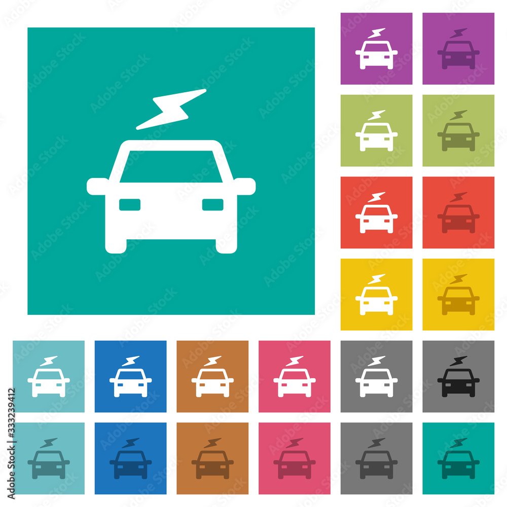 Electric car with flash square flat multi colored icons Electric car with flash square flat multi colored icons