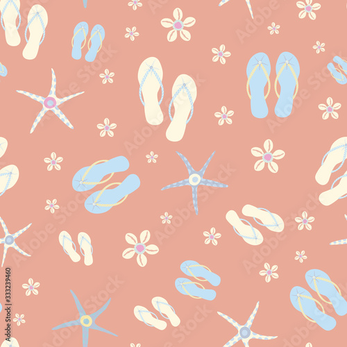 Flip flop shoe seamless vector pattern background. Stylish sandals, starfish, cowrie shell backdrop in coral pink and pastel blue. All over print for beach wedding, honeymoon oceanside resort concept