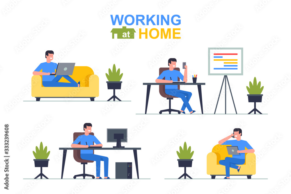 Working at home. Man freelancer working on laptop and computer, phone, tablet. Flat Style