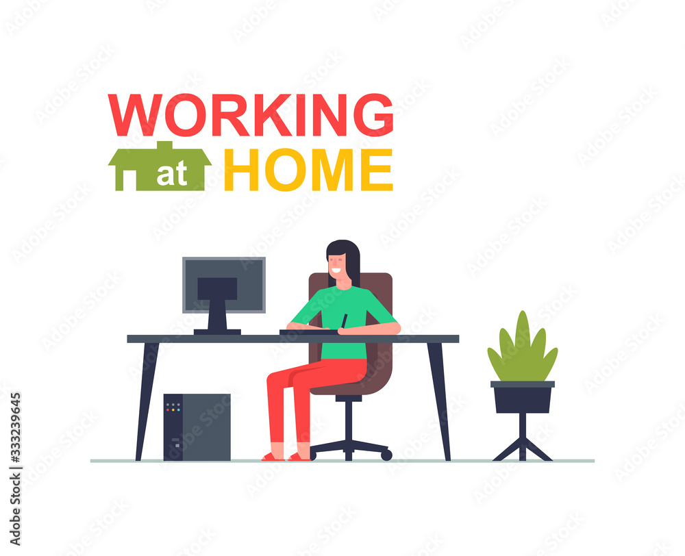 Freelancer Woman working on his computer. Working at home. Flat Style