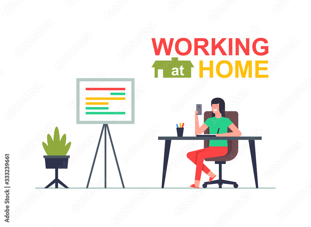Fototapeta premium Freelancer Woman working on his phone. Working at home. Flat Style