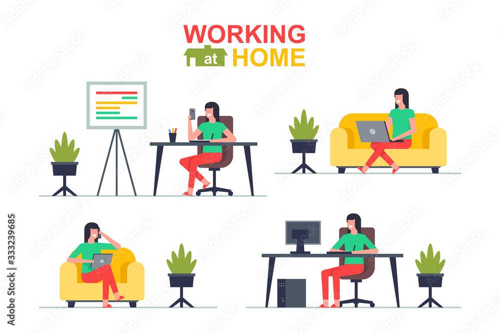 Working at home. Woman freelancer working on laptop and computer, phone, tablet. Flat Style