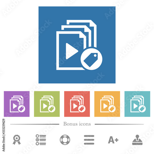 Tag playlist flat white icons in square backgrounds