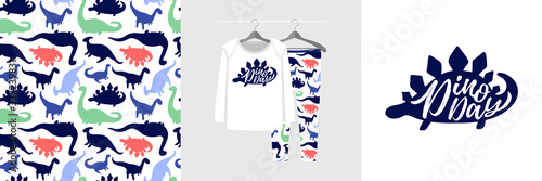 Seamless pattern and illustration for a kid with dinosaur, Dino day text