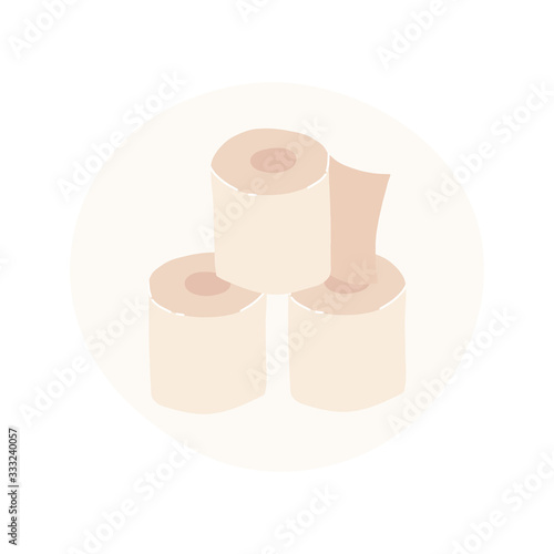 Three rolls of toilet paper laid out in a pyramid on circle background. Flat vector hand drawn isolated illustration.