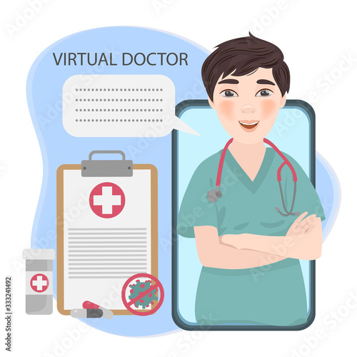VIRTUAL HEALTH CARE Coronavirus Illness Pandemic Medicine Practitioner Doctor Vector Illustration Set