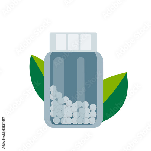 Bottle with gomeophatic granules. Homeopathic and herbal pills, vector illustration