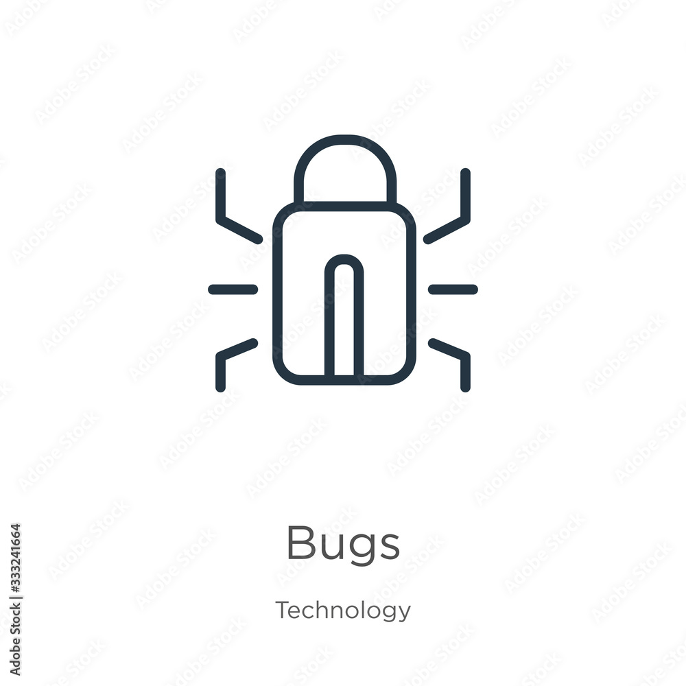 Bugs icon. Thin linear bugs outline icon isolated on white background from technology collection. Line vector sign, symbol for web and mobile Bugs icon. Thin linear bugs outline icon isolated on white background from technology collection. Line vector sign, symbol for web and mobile