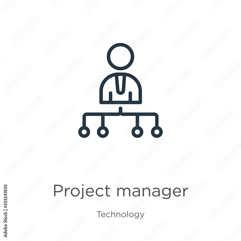 Project manager icon. Thin linear project manager outline icon isolated on white background from technology collection. Line vector sign, symbol for web and mobile Project manager icon. Thin linear project manager outline icon isolated on white background from technology collection. Line vector sign, symbol for web and mobile