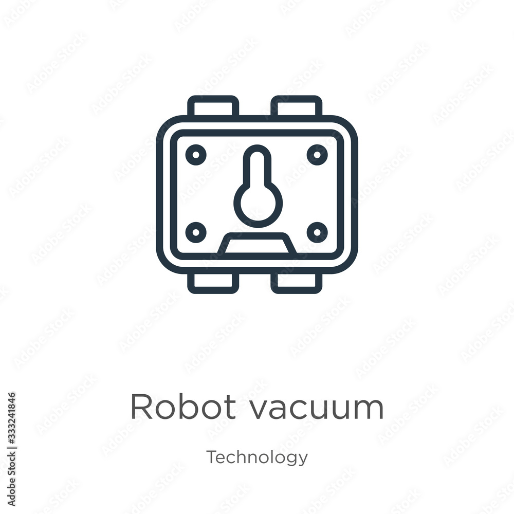 Robot vacuum icon. Thin linear robot vacuum outline icon isolated on white background from technology collection. Line vector sign, symbol for web and mobile Robot vacuum icon. Thin linear robot vacuum outline icon isolated on white background from technology collection. Line vector sign, symbol for web and mobile