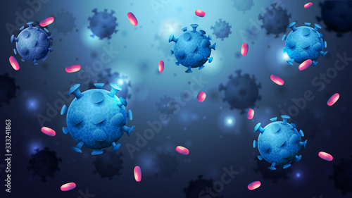 Blue background with blue coronavirus molecules. Coronavirus COVID-2019 with 3D molecules. Coronavirus background in modern design with copy space