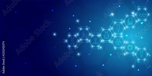 Blue radial gradient background with glowing science and medical outline icon and sparkle effect.