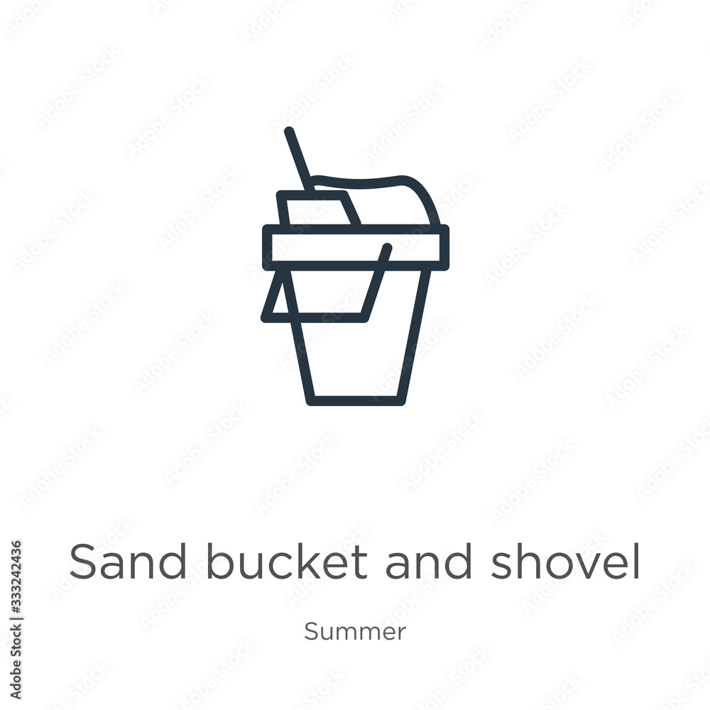Sand bucket and shovel icon. Thin linear sand bucket and shovel outline icon isolated on white background from summer collection. Line vector sign, symbol for web and mobile Sand bucket and shovel icon. Thin linear sand bucket and shovel outline icon isolated on white background from summer collection. Line vector sign, symbol for web and mobile