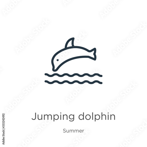 Jumping dolphin icon. Thin linear jumping dolphin outline icon isolated on white background from summer collection. Line vector sign, symbol for web and mobile