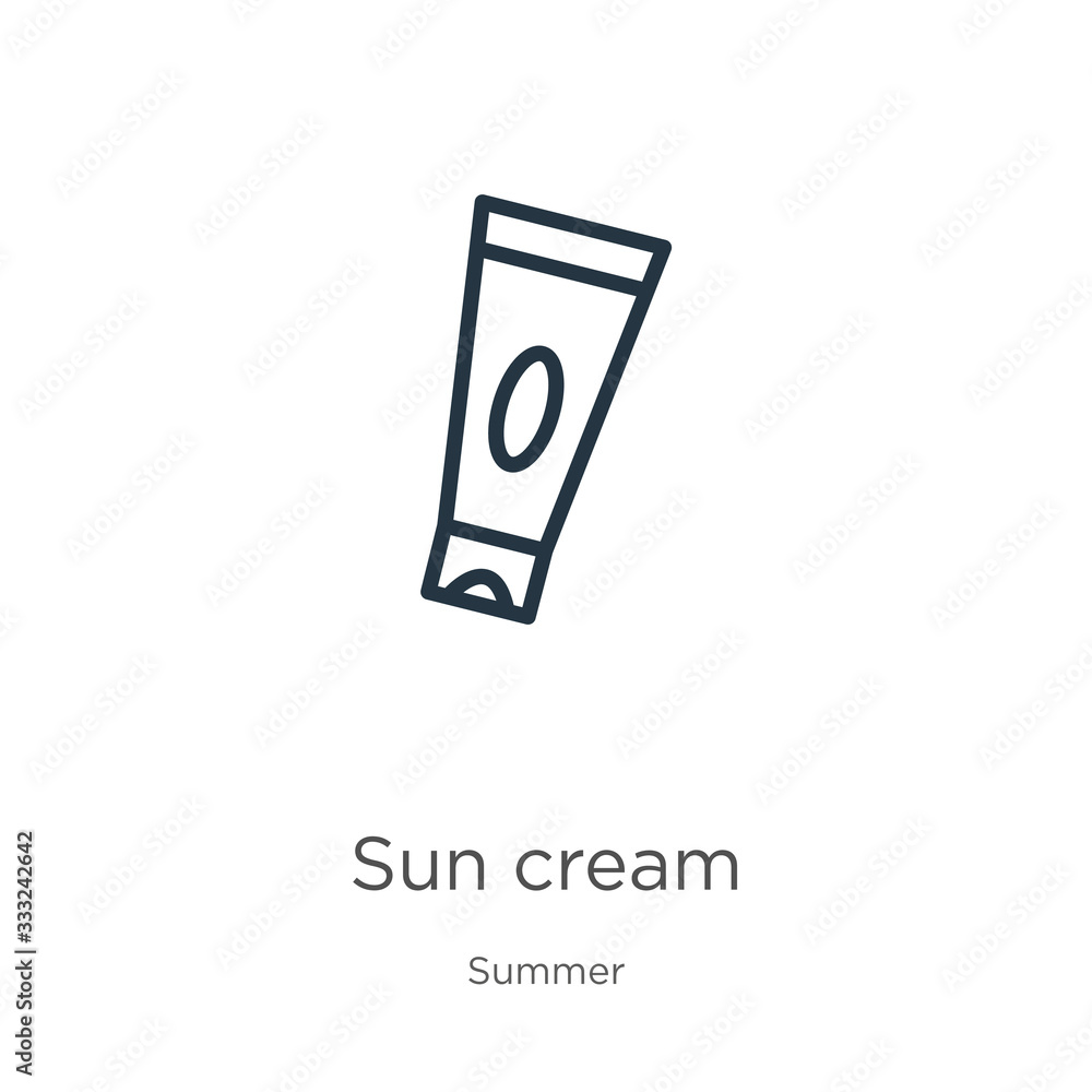 Sun cream icon. Thin linear sun cream outline icon isolated on white background from summer collection. Line vector sign, symbol for web and mobile Sun cream icon. Thin linear sun cream outline icon isolated on white background from summer collection. Line vector sign, symbol for web and mobile