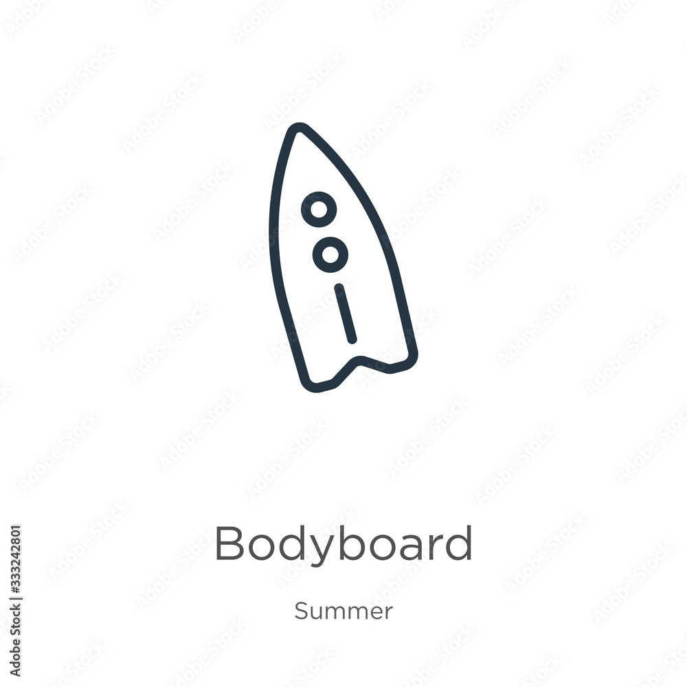 Bodyboard icon. Thin linear bodyboard outline icon isolated on white background from summer collection. Line vector sign, symbol for web and mobile Bodyboard icon. Thin linear bodyboard outline icon isolated on white background from summer collection. Line vector sign, symbol for web and mobile
