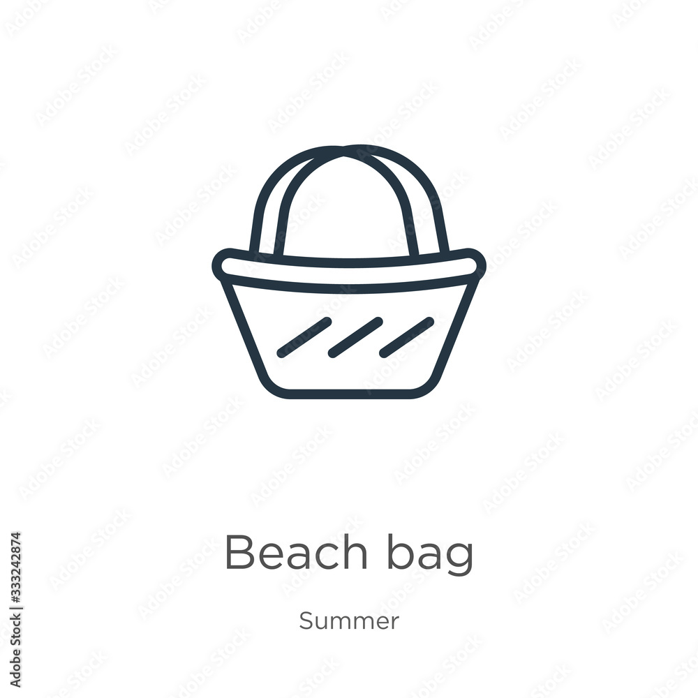 Beach bag icon. Thin linear beach bag outline icon isolated on white background from summer collection. Line vector sign, symbol for web and mobile Beach bag icon. Thin linear beach bag outline icon isolated on white background from summer collection. Line vector sign, symbol for web and mobile