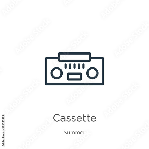 Cassette icon. Thin linear cassette outline icon isolated on white background from summer collection. Line vector sign, symbol for web and mobile