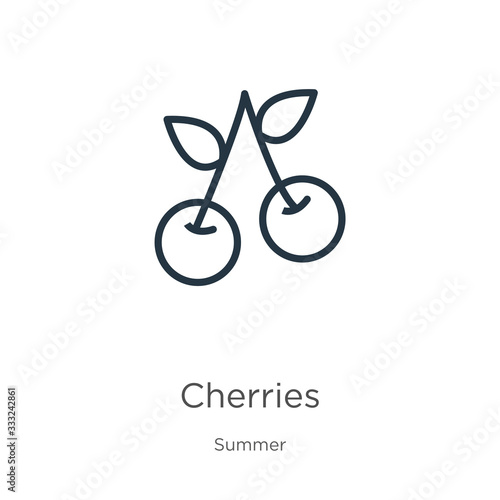 Cherries icon. Thin linear cherries outline icon isolated on white background from summer collection. Line vector sign, symbol for web and mobile