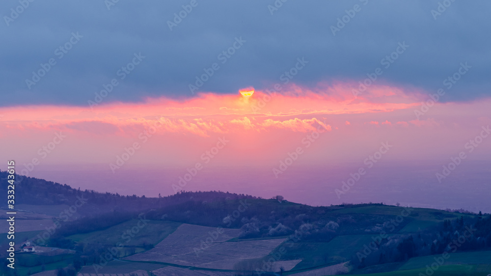 Sunrise on hills of Beaujolais