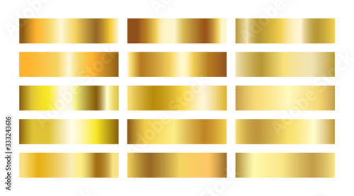 Gold gradient textures collection. Golden foil background set. Copper, brass, metal gradient template. Glitter design elements for frame, ribbon, coin, banner, cards. Vector illustration photo