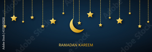 Golden crescent and stars hanging on dark background. Ramadan Kareem arabic banner. Luxury gold design elements for greetings card, poster, invitation. Muslim islamic feast. Vector illustration