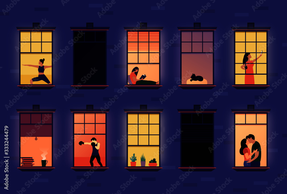 Neighbors in apartment windows. Cartoon neighborhood house