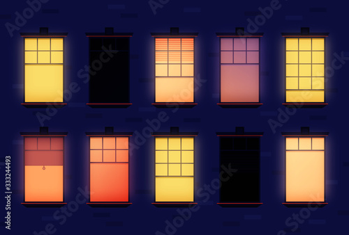 Apartment windows neighborhood. Cartoon house building exterior with opened windows, indoors apartment set flat style. Vector illustration