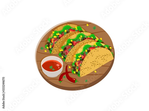 Three Mexican tacos on a wooden tray with spicy sauce and chili peppers
