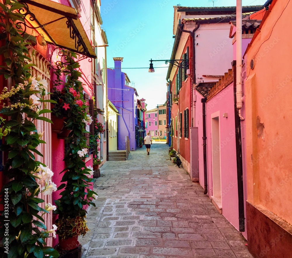 Fototapeta premium A beautiful narrow brick road full of old colourful homes and flowers in Burano, Italy, an island outside of Venice. The colours glow off the bricked road.