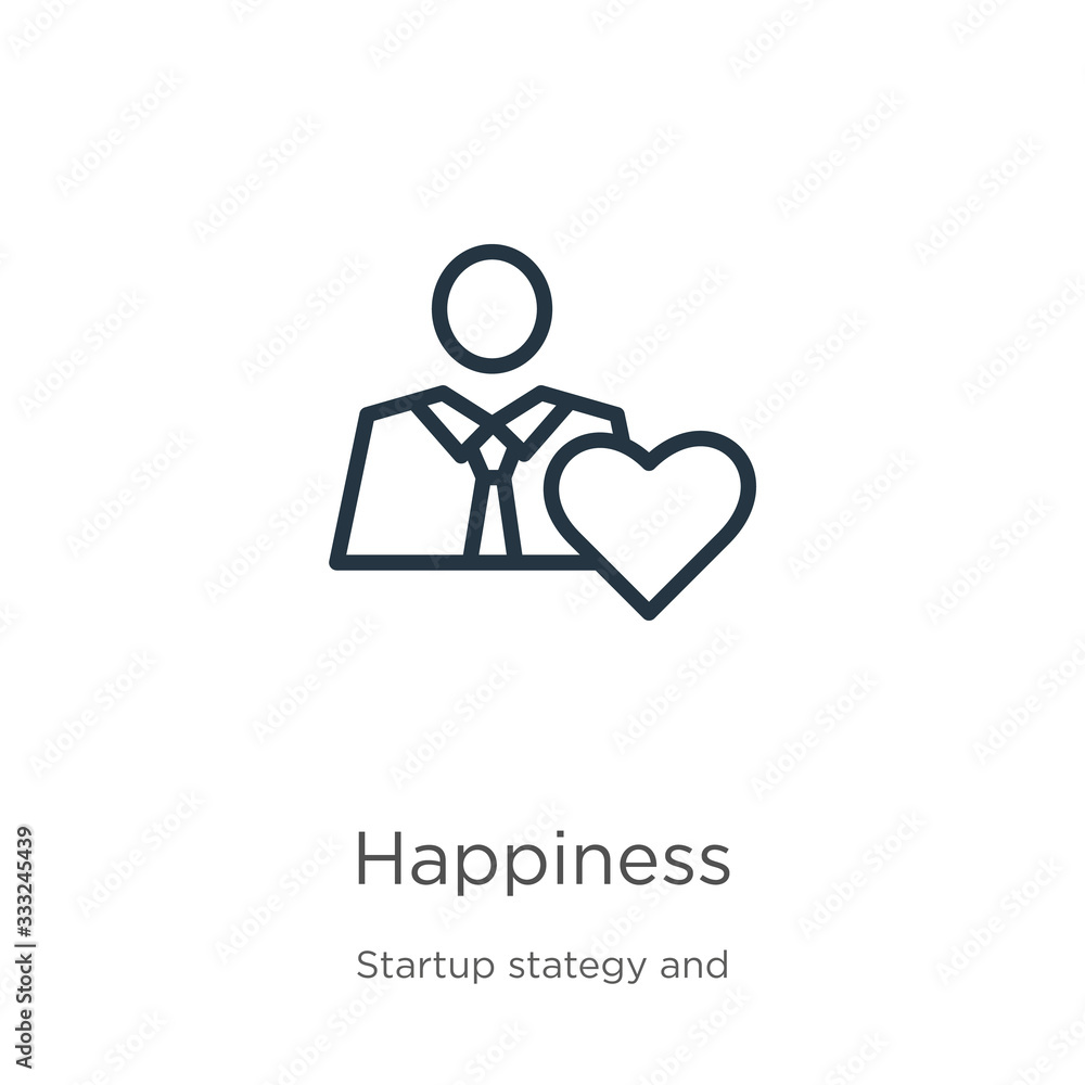 Happiness icon. Thin linear happiness outline icon isolated on white background from startup stategy and success collection. Line vector sign, symbol for web and mobile Happiness icon. Thin linear happiness outline icon isolated on white background from startup stategy and success collection. Line vector sign, symbol for web and mobile