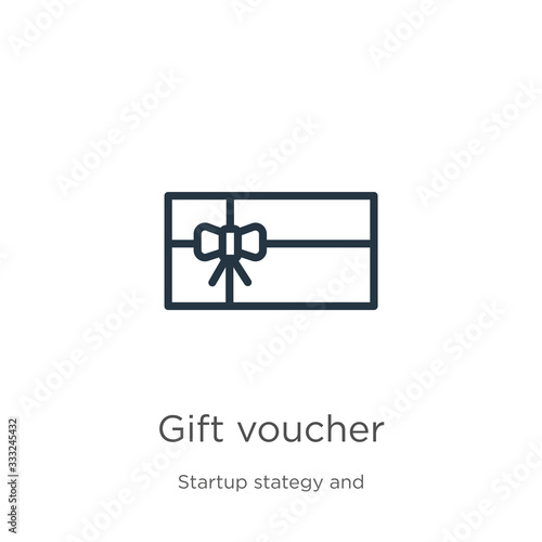 Gift voucher icon. Thin linear gift voucher outline icon isolated on white background from startup stategy and success collection. Line vector sign, symbol for web and mobile