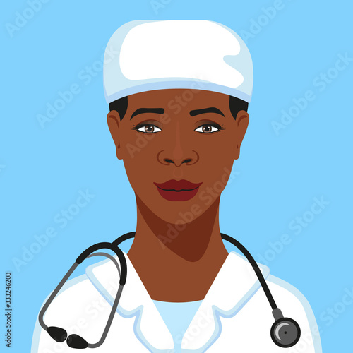 African American woman physician, ENT in a medical cap, with stethoscope avatar. Healthcare personal. Therapist. Hospital nurse. Vector Illustration.